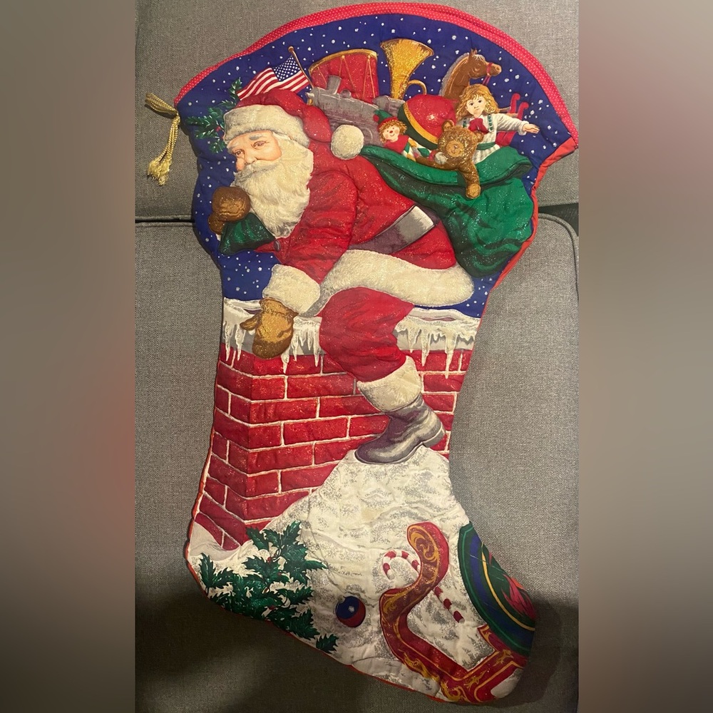 Vintage Cranston Santa Has Arrived Jumbo Quilted Shimmer Stocking Large Festive